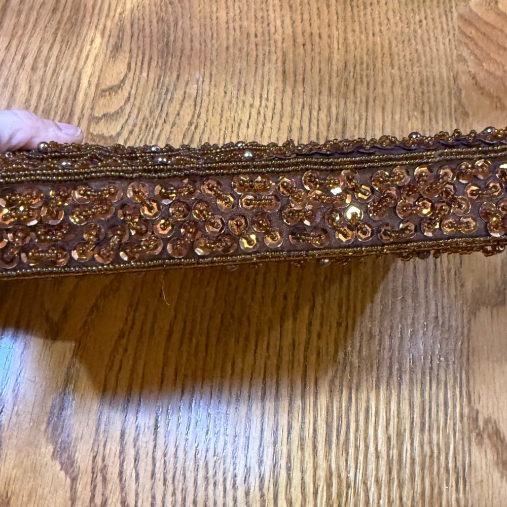 Bijoux Terner Copper Beaded Sequin Evening Clutch Scalloped Flap Brown Bag - Picture 8 of 9